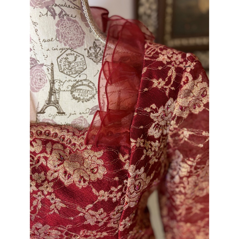 Red Gold Floral Lace Cheongsam Dress Mandarin Collar Style Evening SZ 6/8 - Picture 10 of 15
